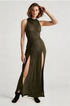 Hollow Back Slit Hooded Midi Dress