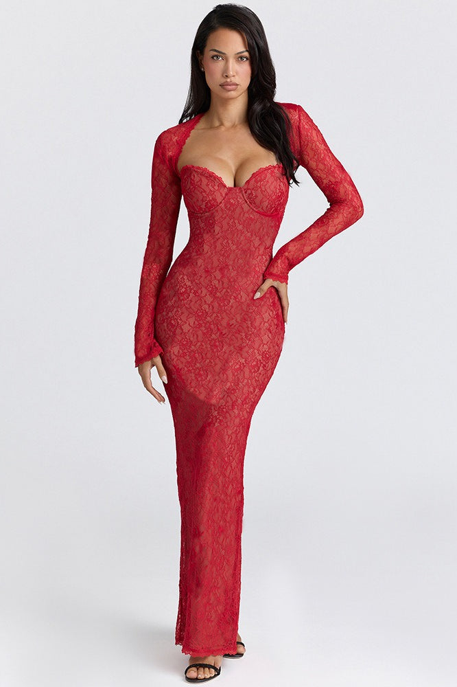 Lace Long Sleeve Crop Top Bodycon Floral Dress Set