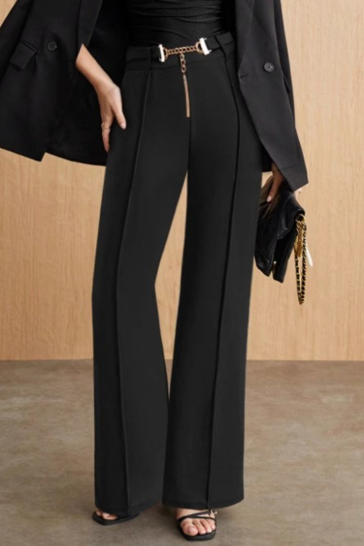 High Waist Straight Metal Belted Office Drape Pants Main image
