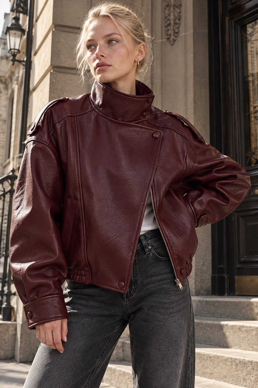 High Collar Epaulet Faux Leather Jacket