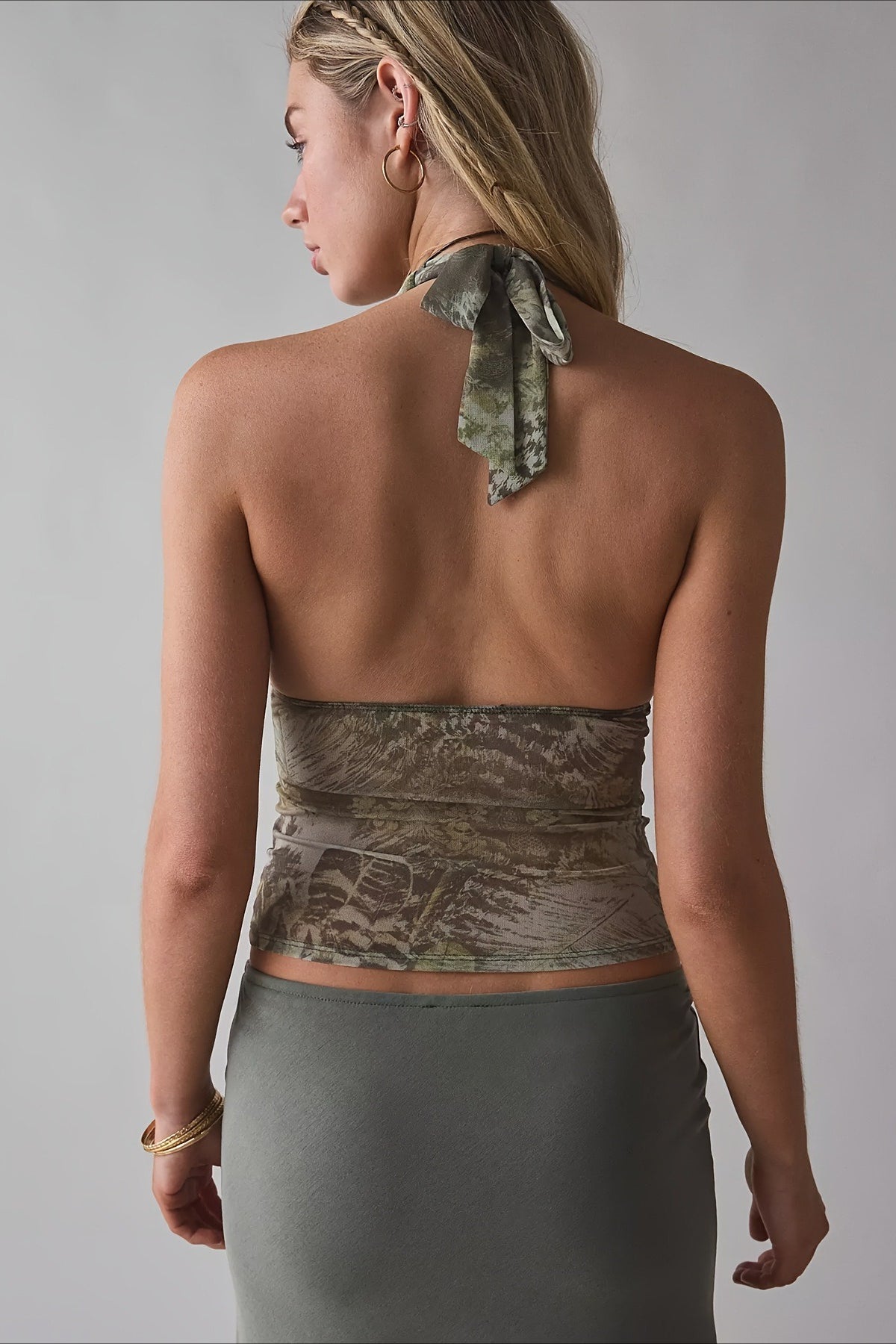 Printed Mesh Halter Backless Crop Top