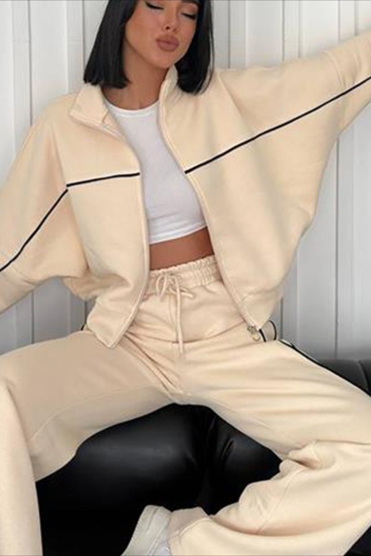 Mock Neck Zip Hoodie Stripe Pants Activewear Set Main image