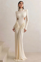 Slim Solid Long Sleeve High Neck Ruched Backless Formal Dress