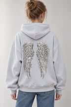 Solid Sequin Wing Graphic Relaxed Hoodie