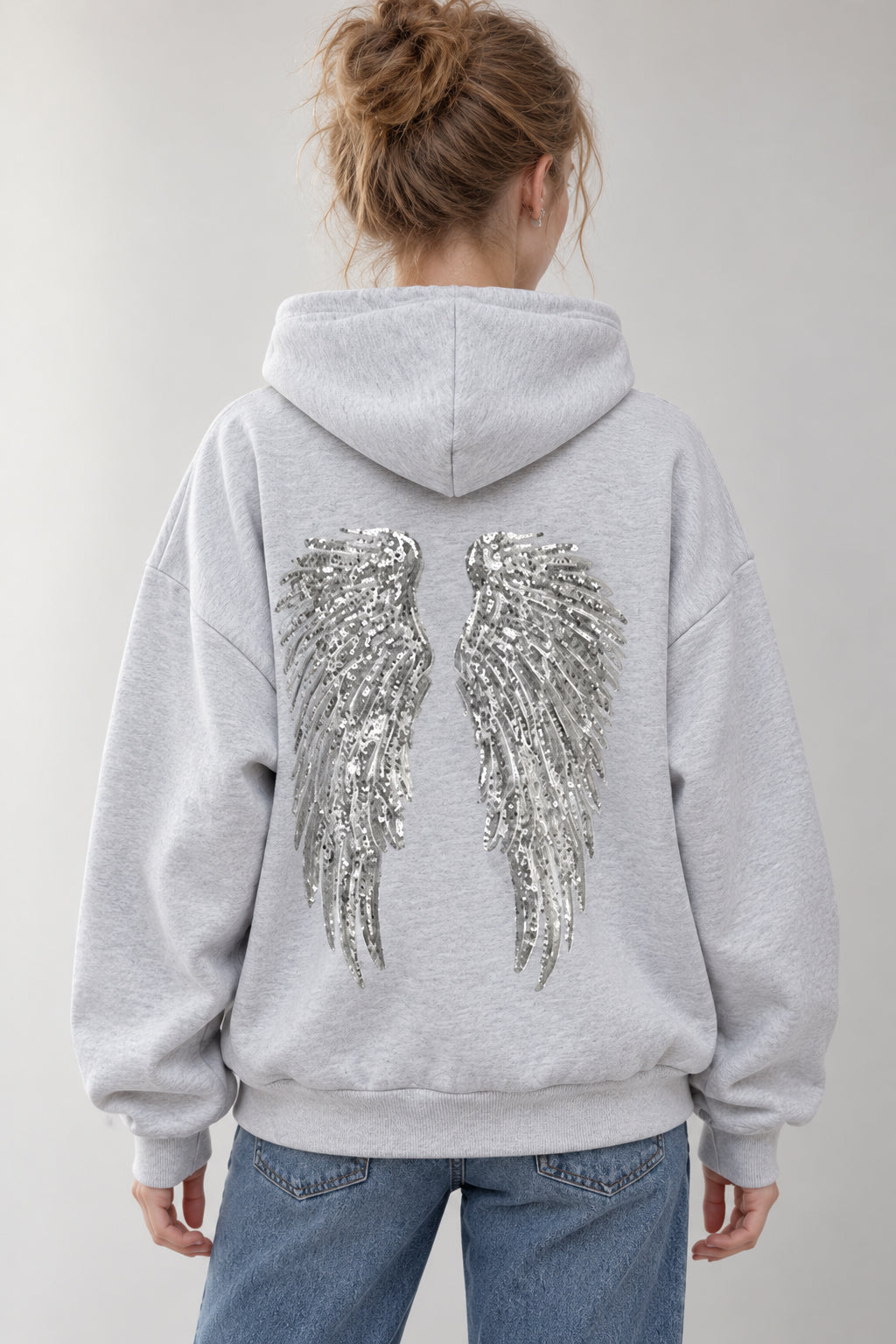 Solid Sequin Wing Graphic Relaxed Hoodie