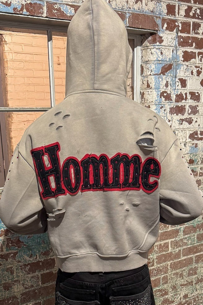 Flame Graphic Rhinestone Full Zip Hoodie