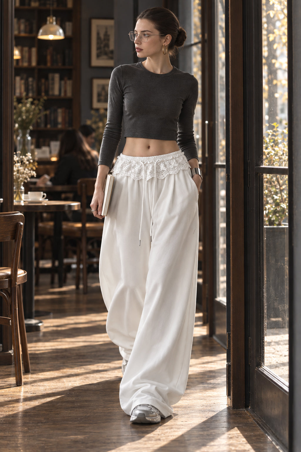 Lace Waist Wide Leg Sweat Pants