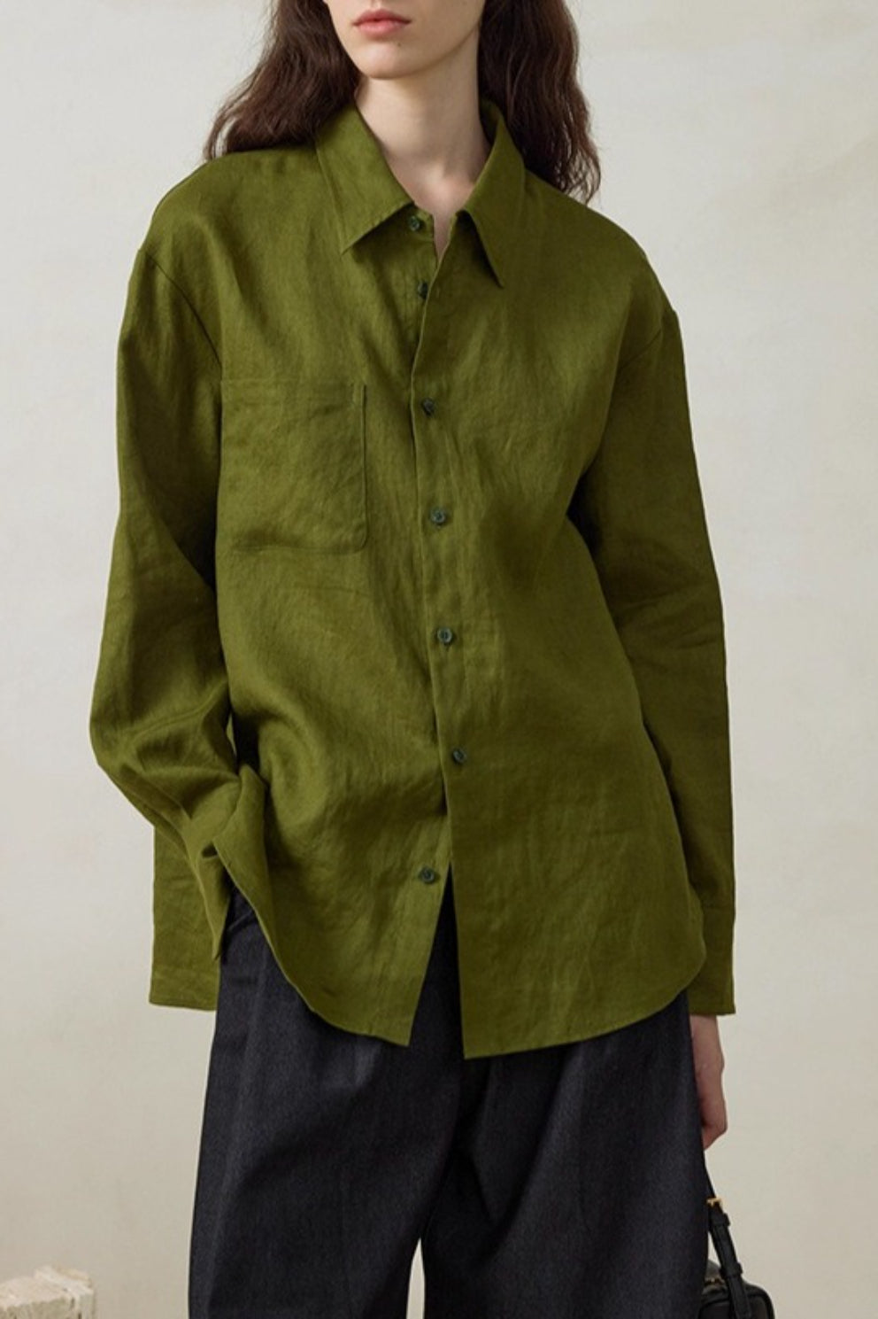 Linen Green Oversized Versatile Long Sleeve Blouse Main image
