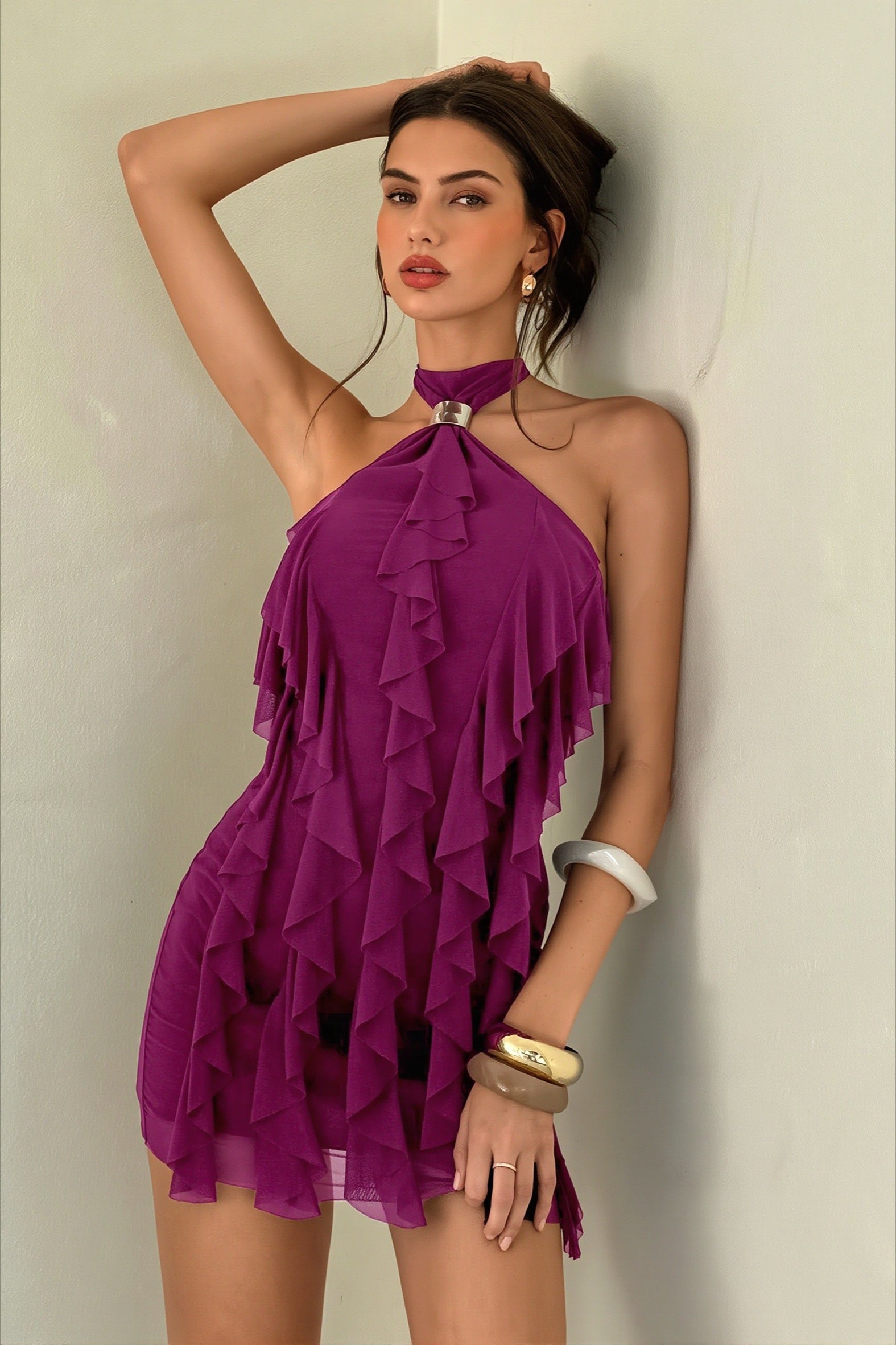 Halter Layered Ruffle Backless Mini Dress