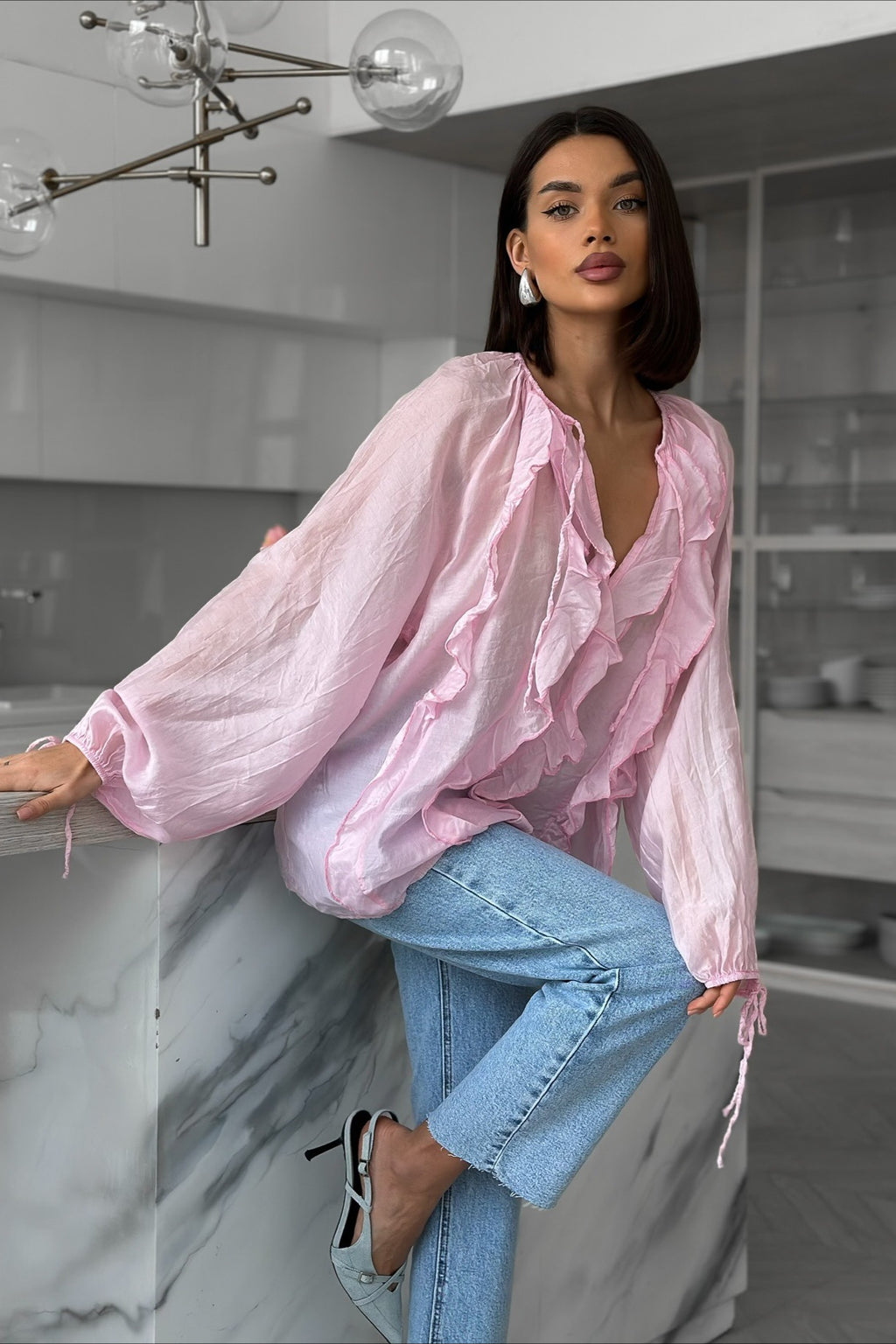 Ruffle Front Balloon Sleeve Loose Fit Blouse