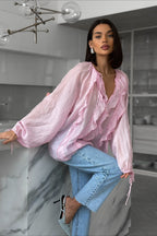 Ruffle Front Balloon Sleeve Loose Fit Blouse