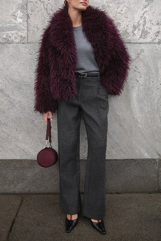 Versatile Wine Red Faux Fur Solid Coat Secondary image