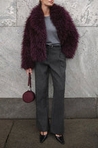 Versatile Wine Red Faux Fur Solid Coat