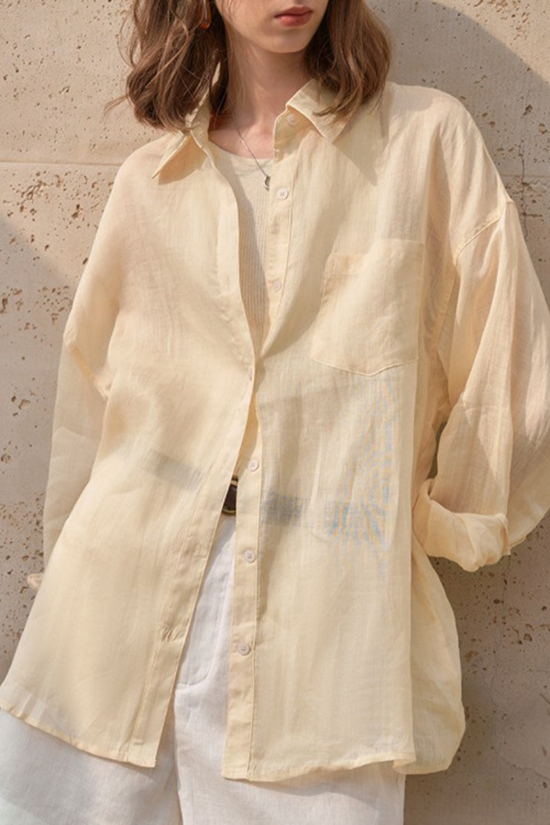 Elegant Sheer Linen Collared Long Sleeve Top Main image