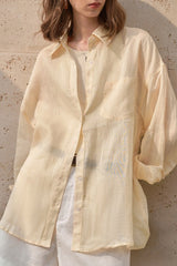 Elegant Sheer Linen Collared Long Sleeve Top