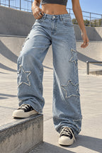 Frayed Star Applique Wide Leg Jeans