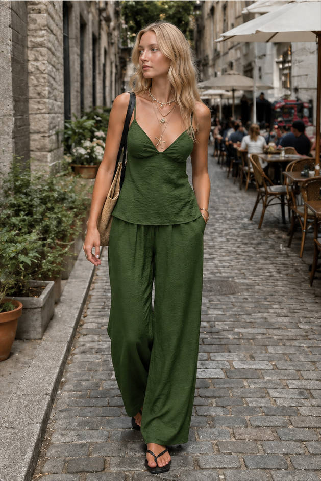 Casual Solid Cami Wide Leg Pants Set