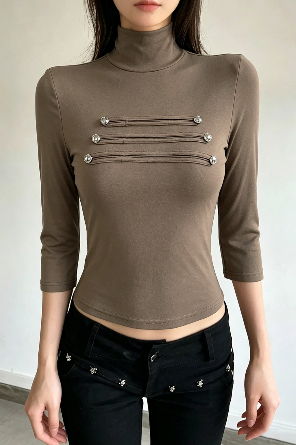Button Bar High Neck Three Quarter Sleeve T-Shirt