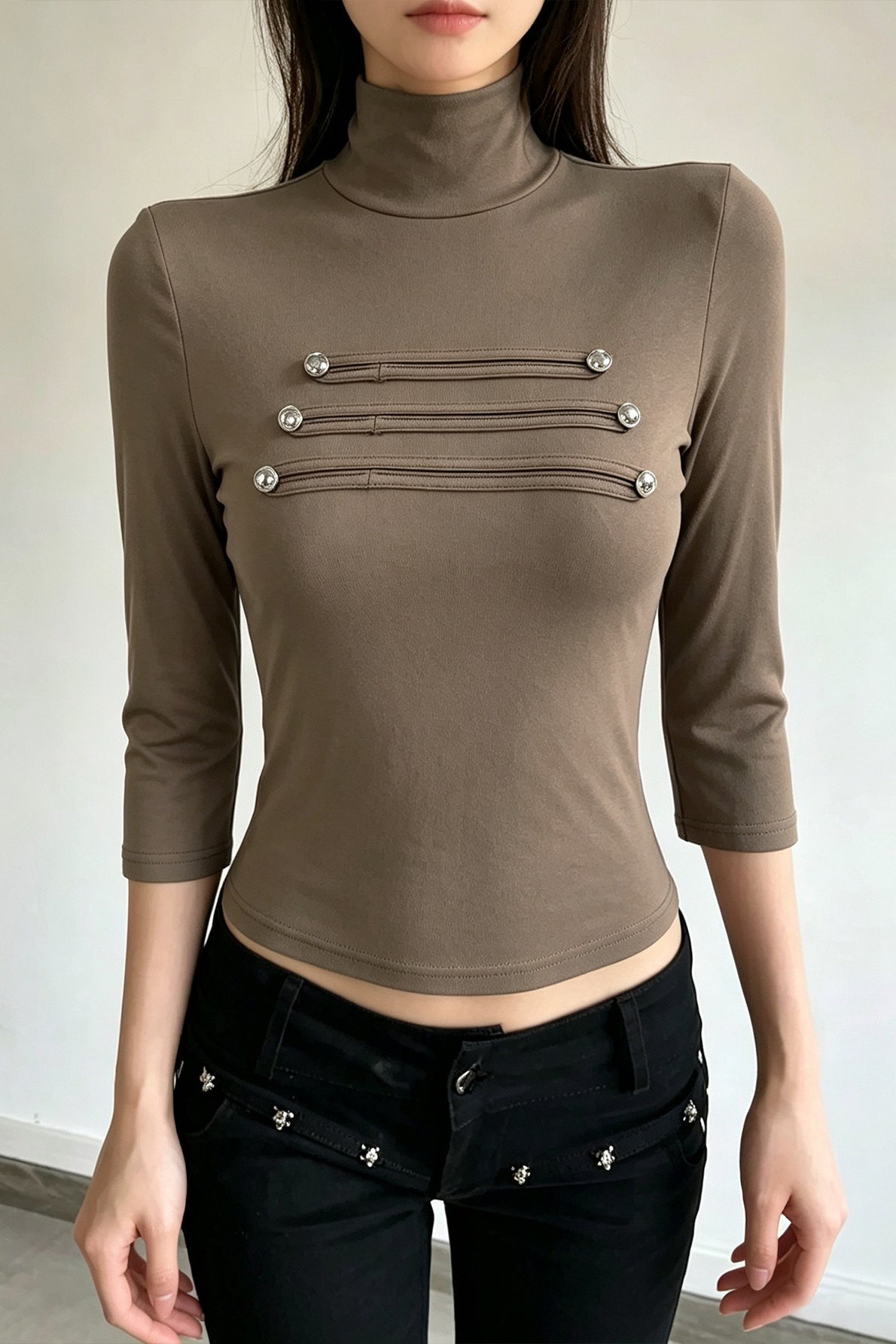 Button Bar High Neck Three Quarter Sleeve T-Shirt