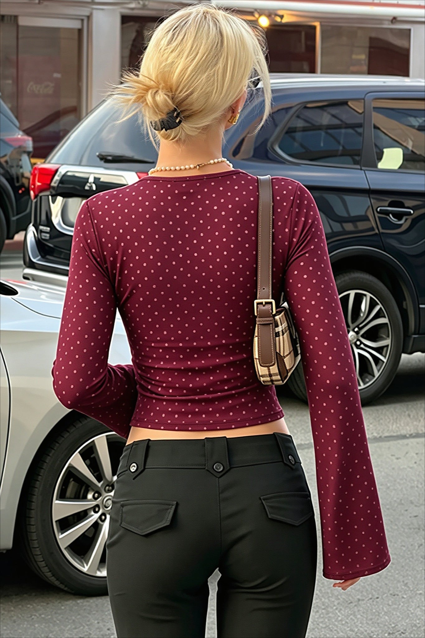 Polka Dot Lace Trim V-Neck Long Sleeve Crop Top Secondary image