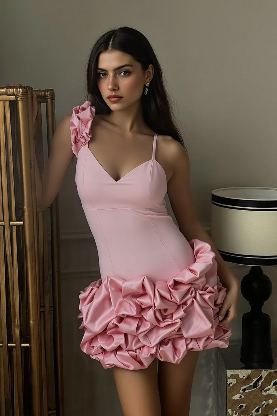 3D Ruffle Tutu Contrast V Neck Mini Slip Dress Secondary image