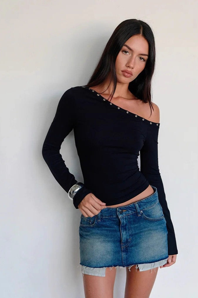 Studded Rhinestone One Shoulder Long Sleeve Top Main image