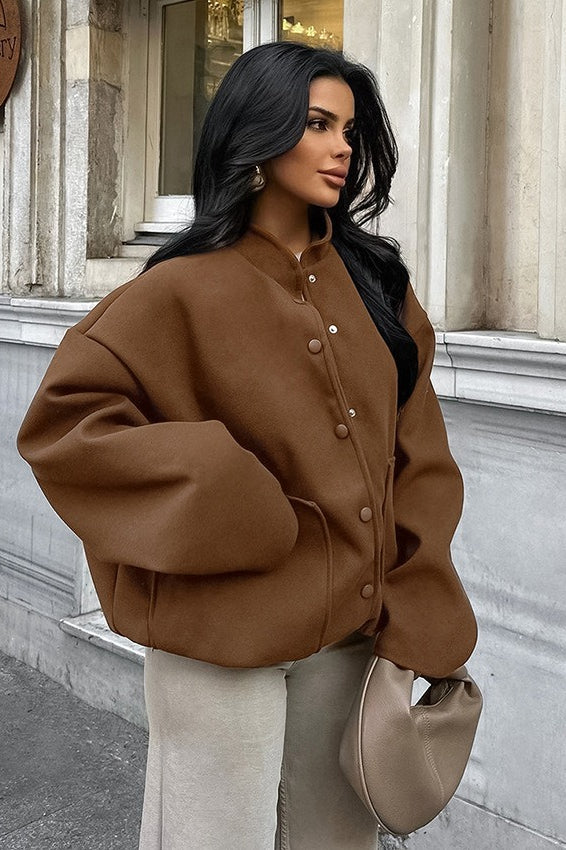 Mocha Brown Wool Blend Stand Collar Coat Secondary image