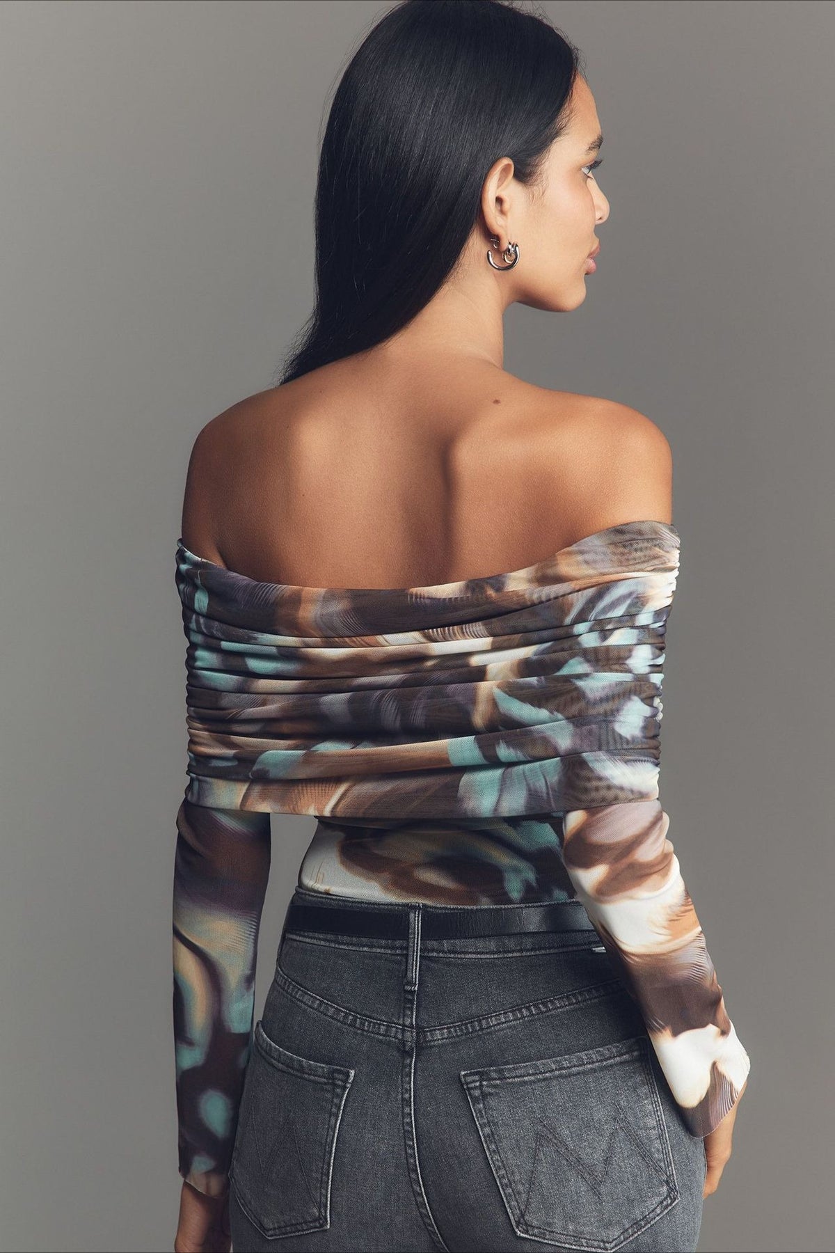 Abstract Print Mesh Off Shoulder T-shirts