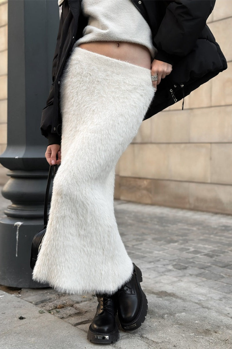 Knit Faux Fur Trim Maxi Skirt Main image