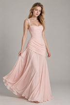 Square Neck Ruched Milk Silk Formal Dress