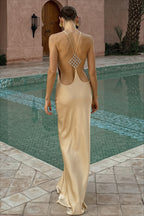 Crystal Chain Strappy Open Back Satin Maxi Dress