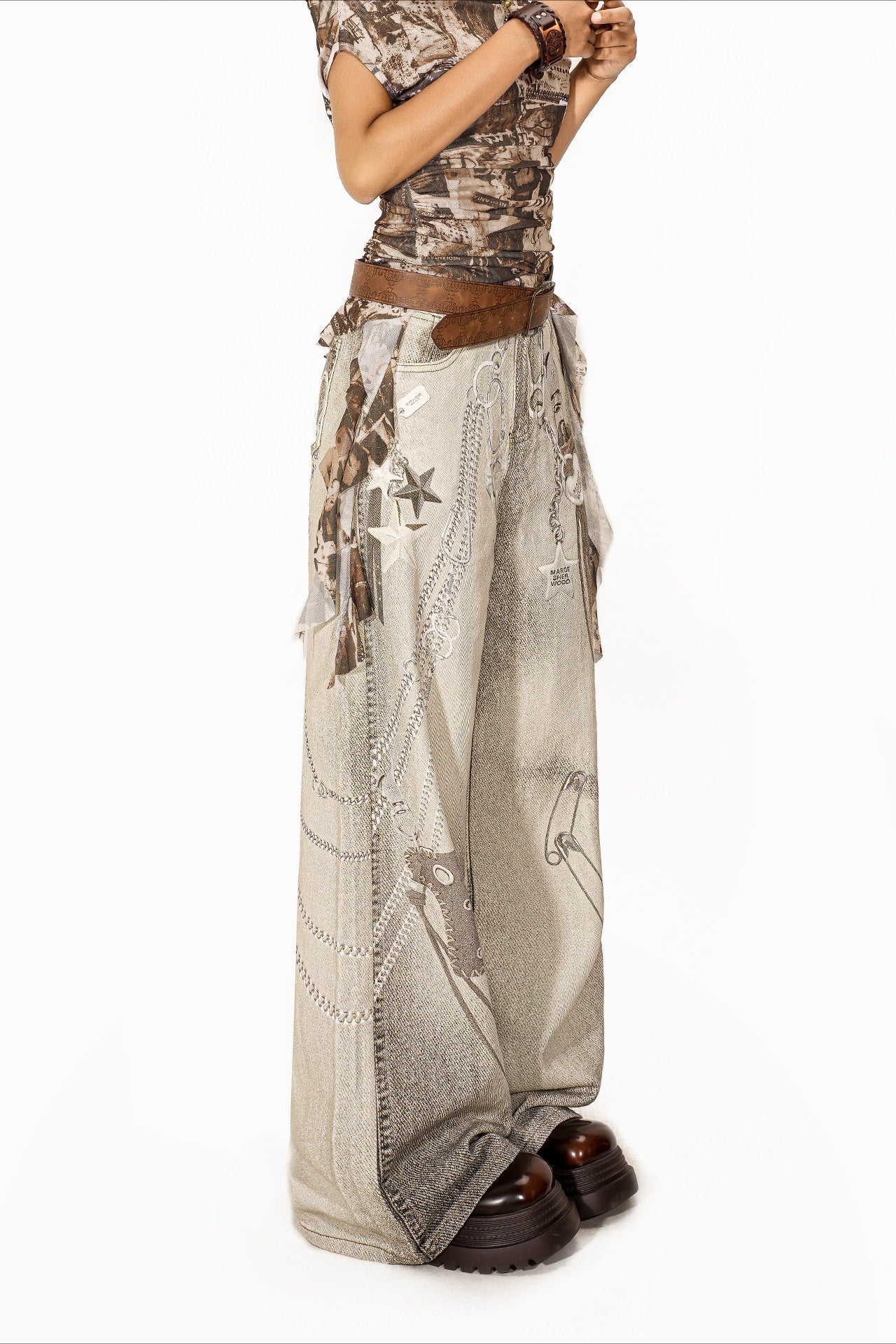Deconstructed Washed Wide Leg Denim Pants Secondary image