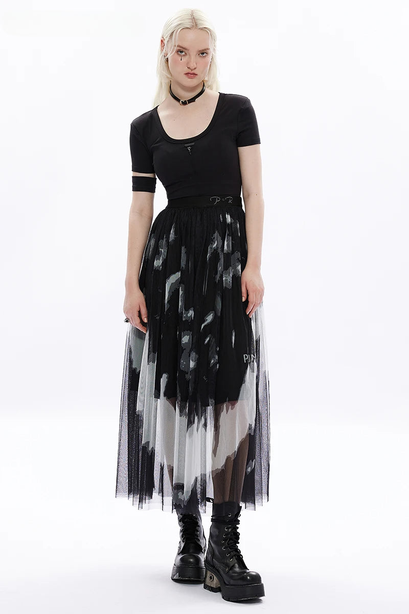 Women's Daily Tie Dyed Gauze Letter Embroidery Logo Rivet At Waist Fashion Girl Mid-length Skirt Main image