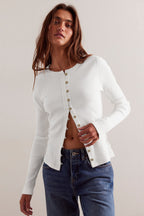 Ribbed Round Neck Button Cardigan Knit Top