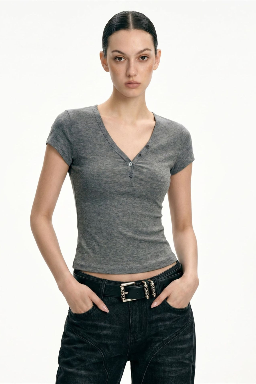 Soft-Touch V-Neck Button Fitted Crop Top