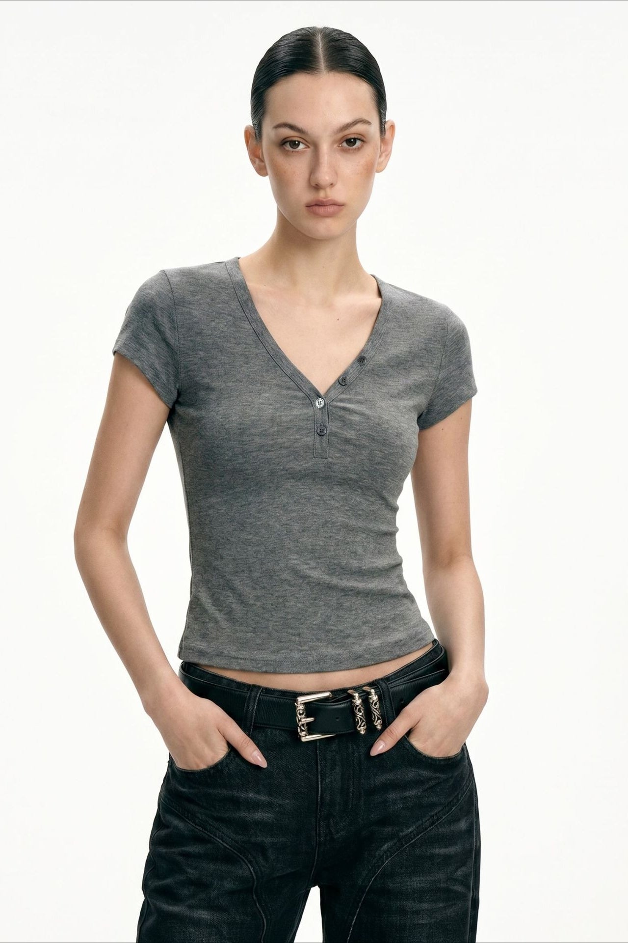 Soft-Touch V-Neck Button Fitted Crop Top