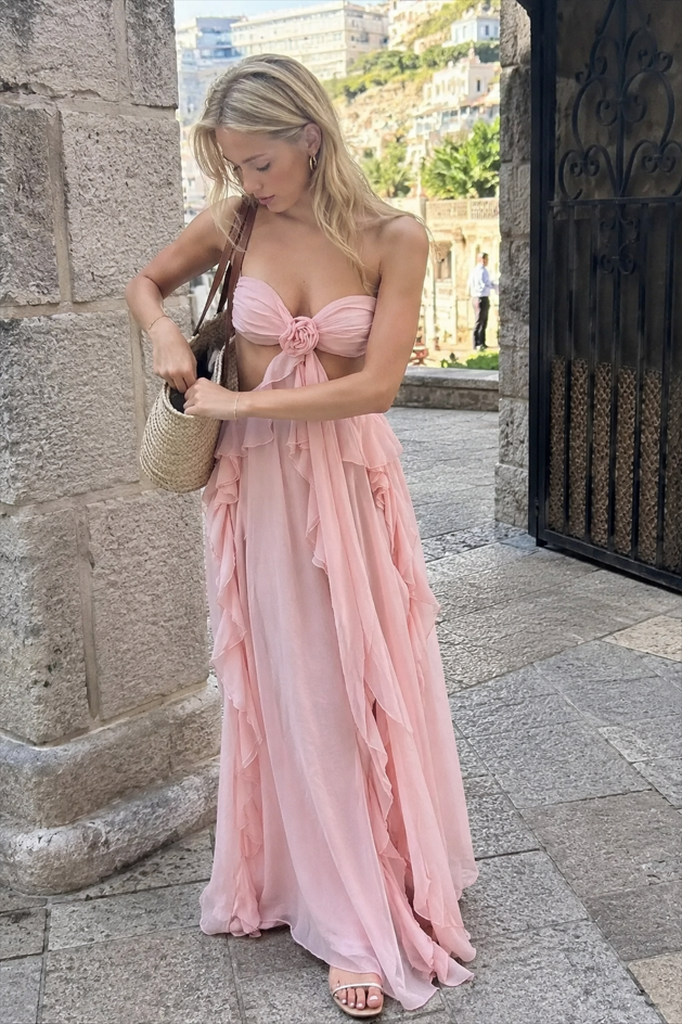 Backless Lace Up Ruffle Strapless Maxi Prom Dress Main image