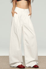 Ruched Textured White High Waist Wide Leg Pants
