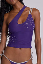 Sequin Cutout Asymmetric Neck Fitted Crop Top