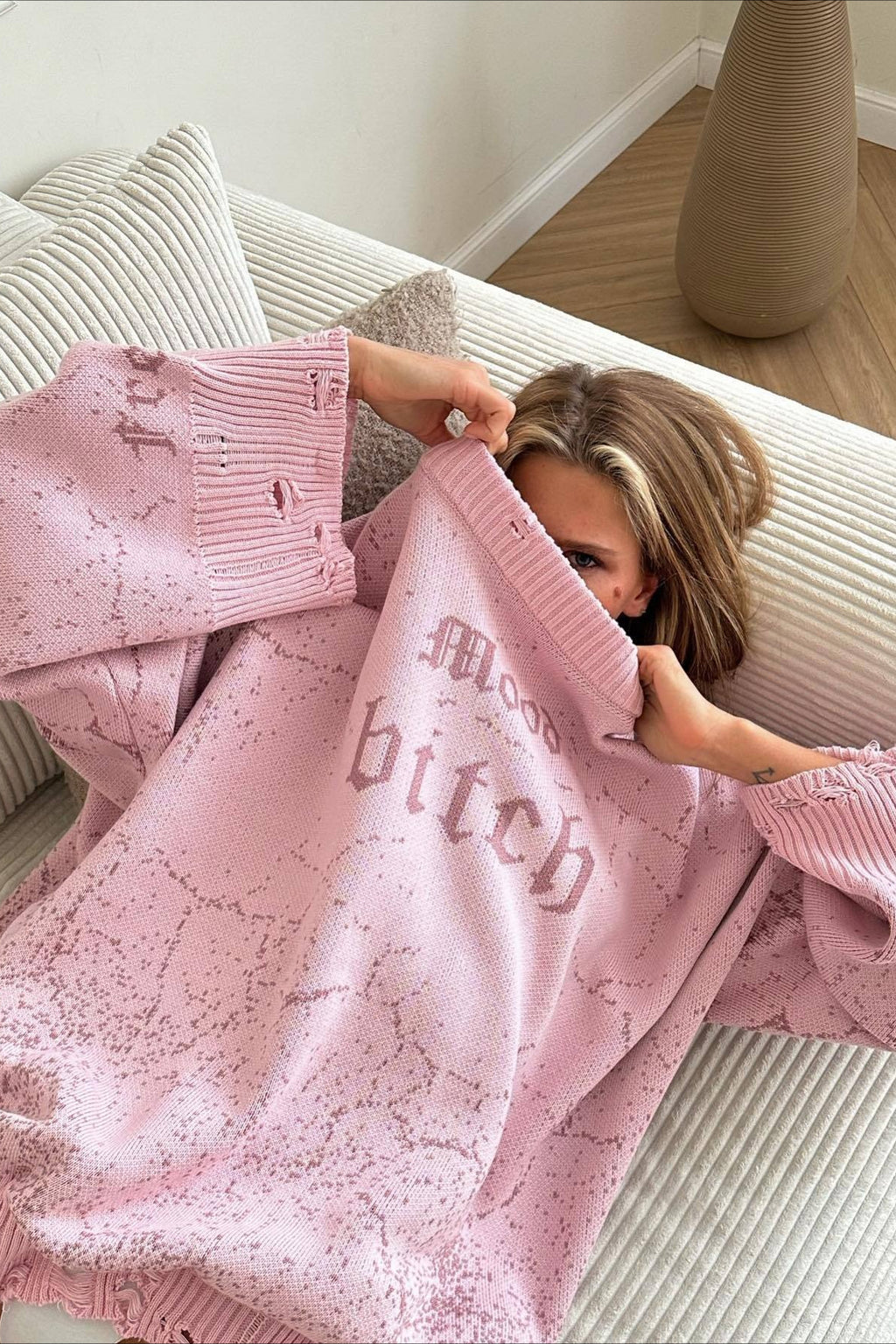 Distressed Graphic Oversized Crew Neck Knit Sweater