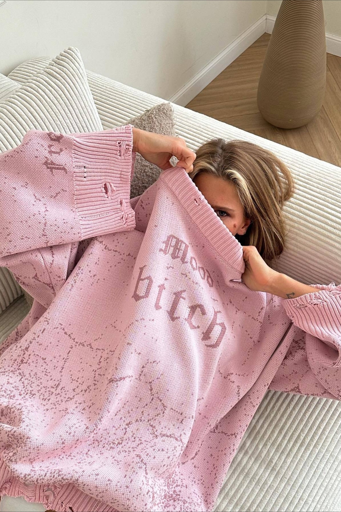 Distressed Graphic Oversized Crew Neck Knit Sweater