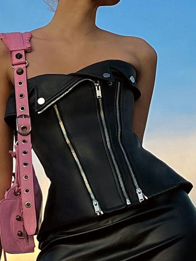 Punk Zipper Fashion Black Goth PU Leather Crop Top Secondary image