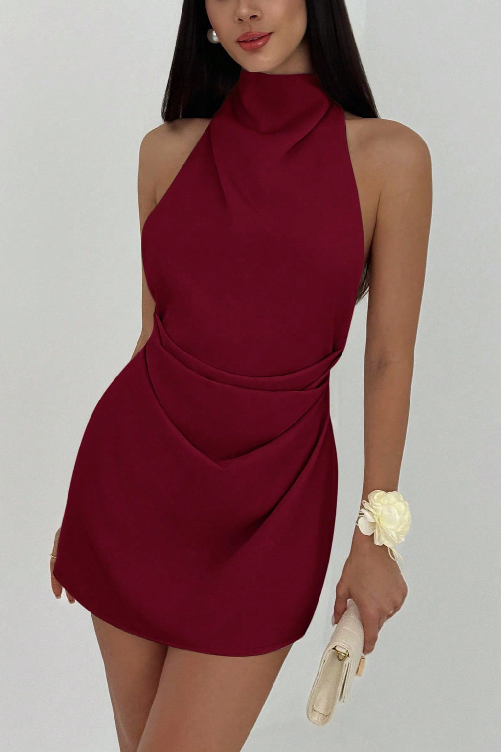 Halter Cross Strap Backless Asymmetric Mini Dress