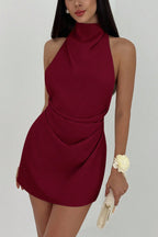 Halter Cross Strap Backless Asymmetric Mini Dress
