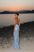 Sequin Deep V Halter Backless Maxi Party Dress