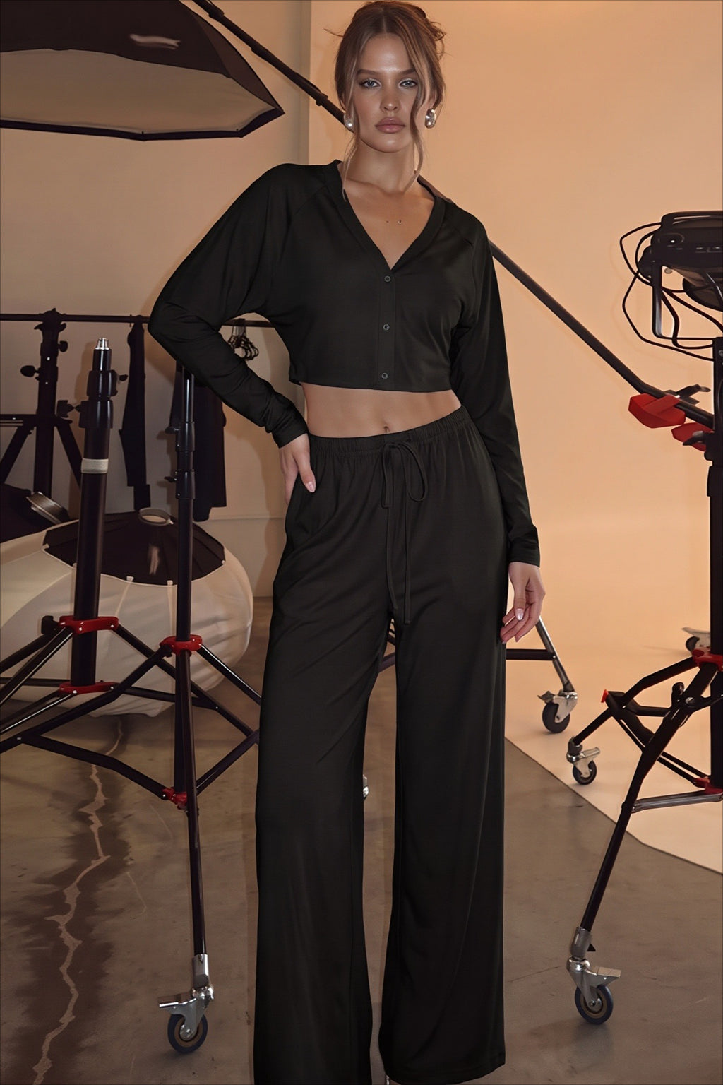 V-Neck Snap Button Tie Longline Two-Piece Set