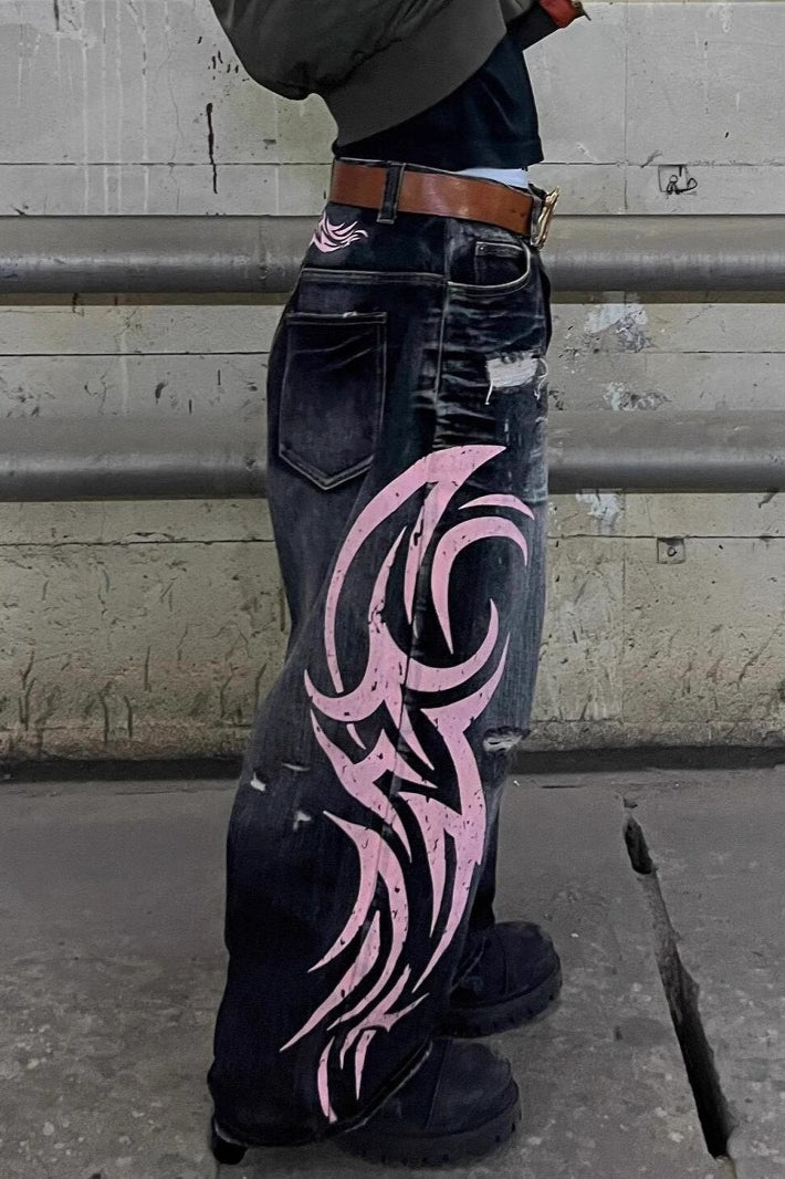 Vintage Printed Washed Distressed Wide Leg Denim Jeans Main image