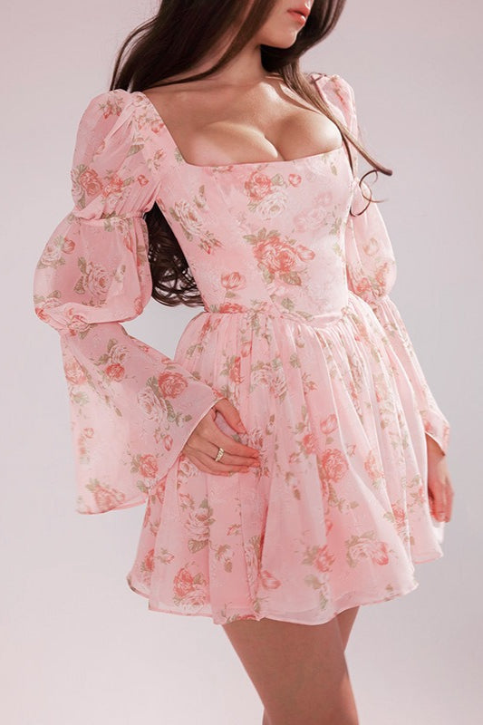 Rose Print Long Sleeve A-Line Floral Dress Secondary image
