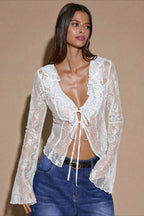 Lace Ruffle Tie Front Long Sleeve Blouse