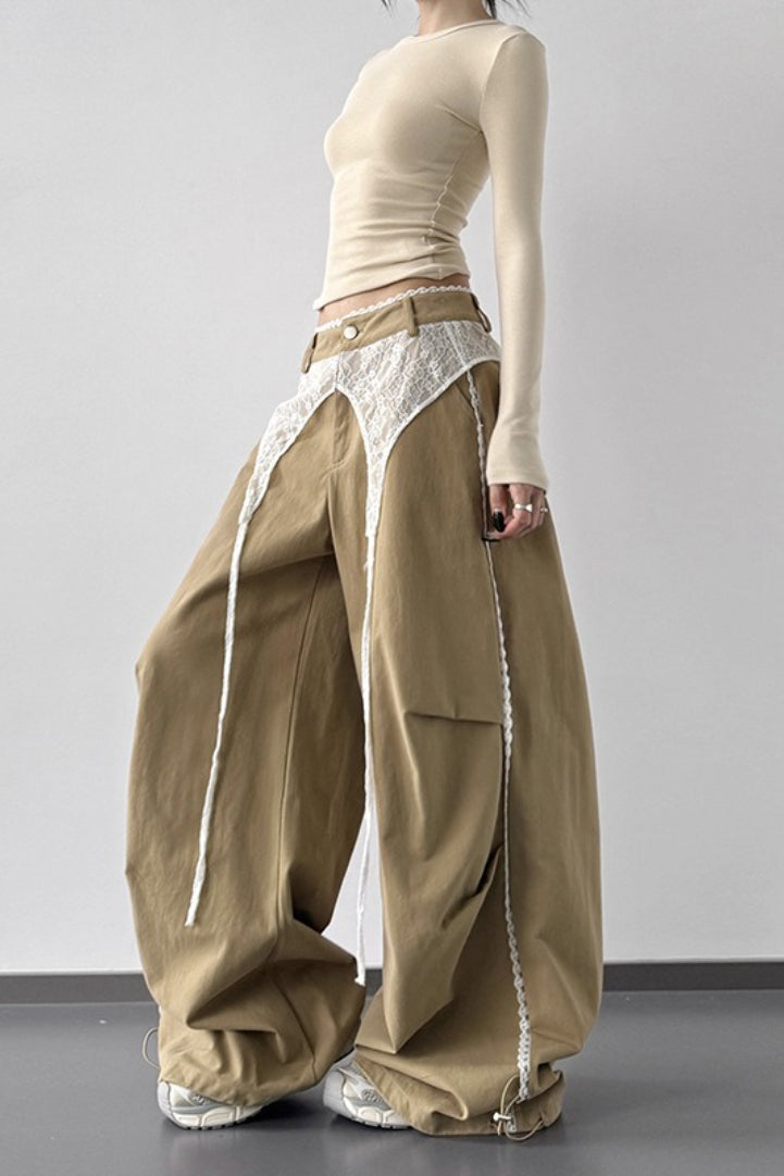 Vintage Lace Patchwork Bow High Waist Slim Wide Leg Pants Main image